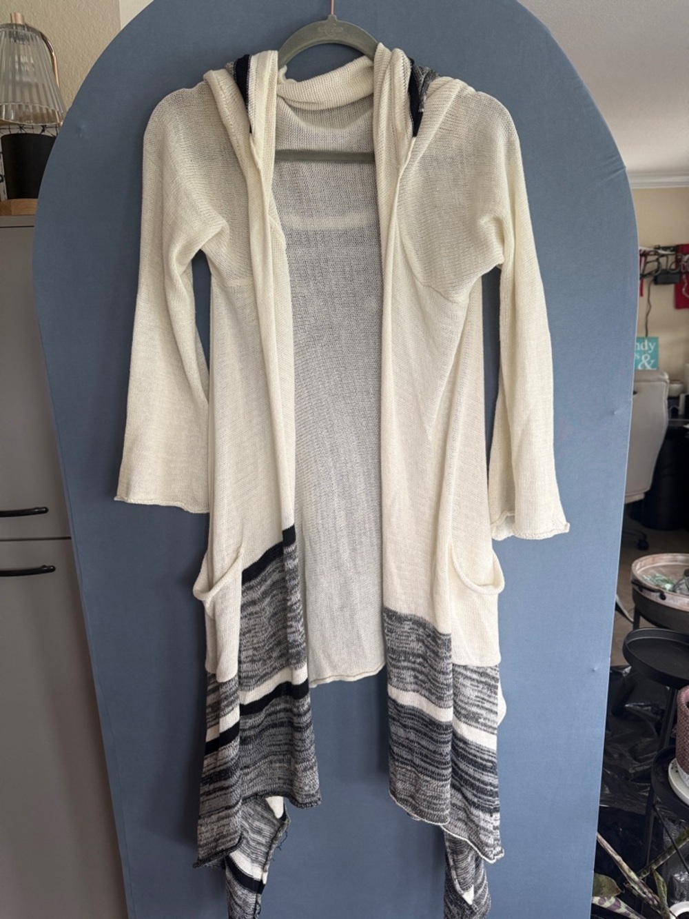 Cream Hooded Open-Front Sweater Cardigan with Gray Stripe Trim